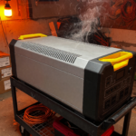 A large silver and black portable lithium power station with yellow handles in a garage, with faint smoke suggesting an overheating fire hazard