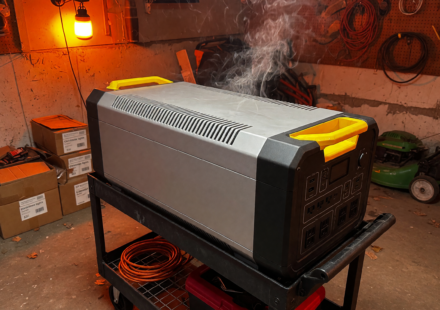 A large silver and black portable lithium power station with yellow handles in a garage, with faint smoke suggesting an overheating fire hazard