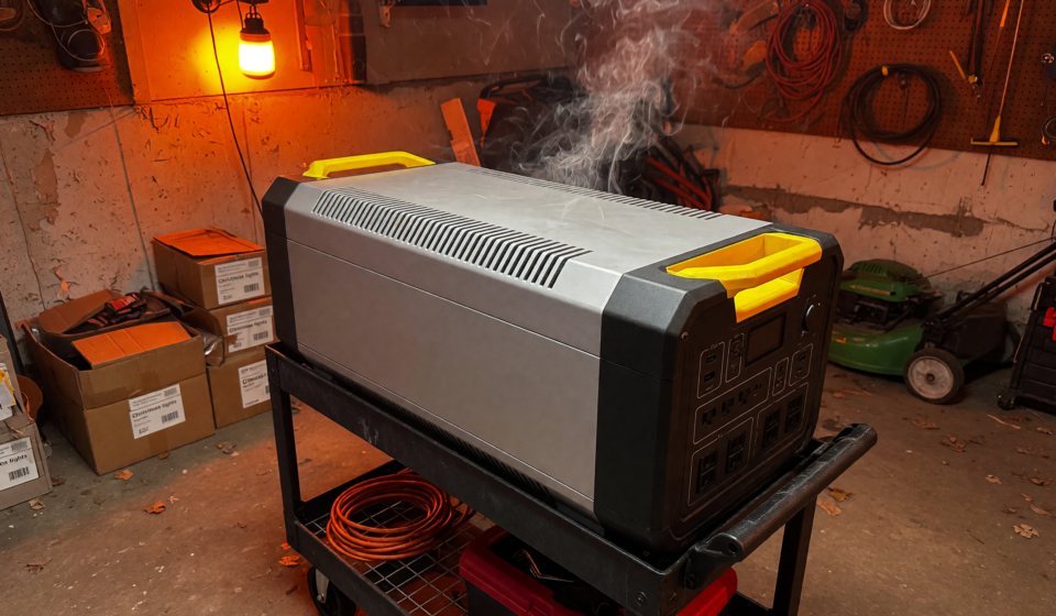 A large silver and black portable lithium power station with yellow handles in a garage, with faint smoke suggesting an overheating fire hazard