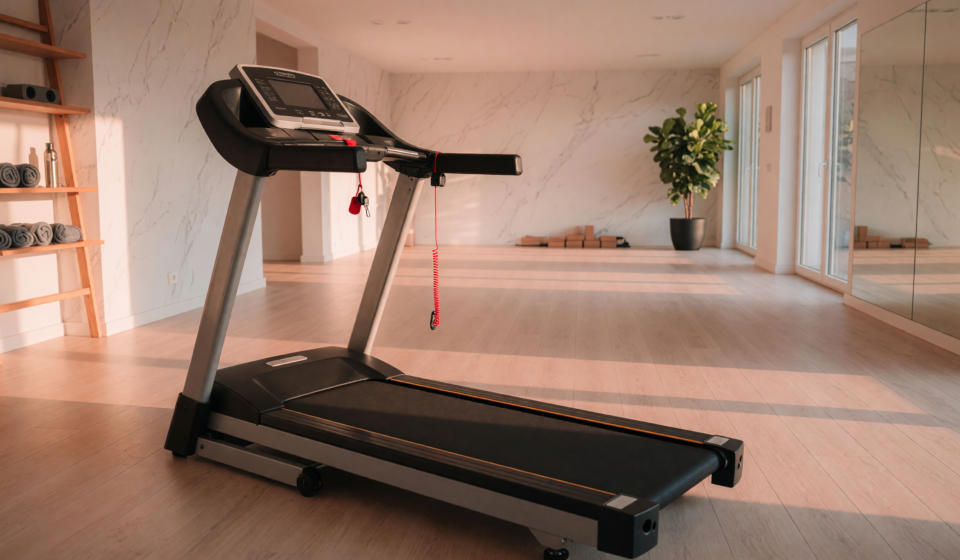 A treadmill in a bright home gym with a clear runway behind the belt and the safety key tether clipped to the handrail