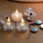 Small clear LED tea light candles beside loose coin cell button batteries on a wooden table, illustrating the ingestion hazard behind the CPSC recall.