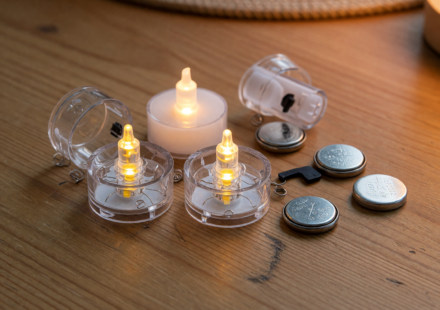 Small clear LED tea light candles beside loose coin cell button batteries on a wooden table, illustrating the ingestion hazard behind the CPSC recall.