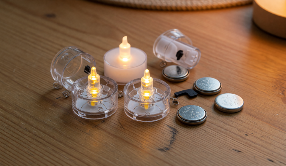 Small clear LED tea light candles beside loose coin cell button batteries on a wooden table, illustrating the ingestion hazard behind the CPSC recall.