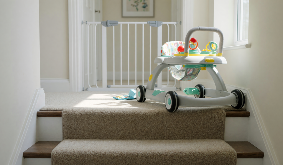 A baby walker near the top edge of a carpeted staircase, illustrating the fall hazard behind the Kmaier infant walker recall