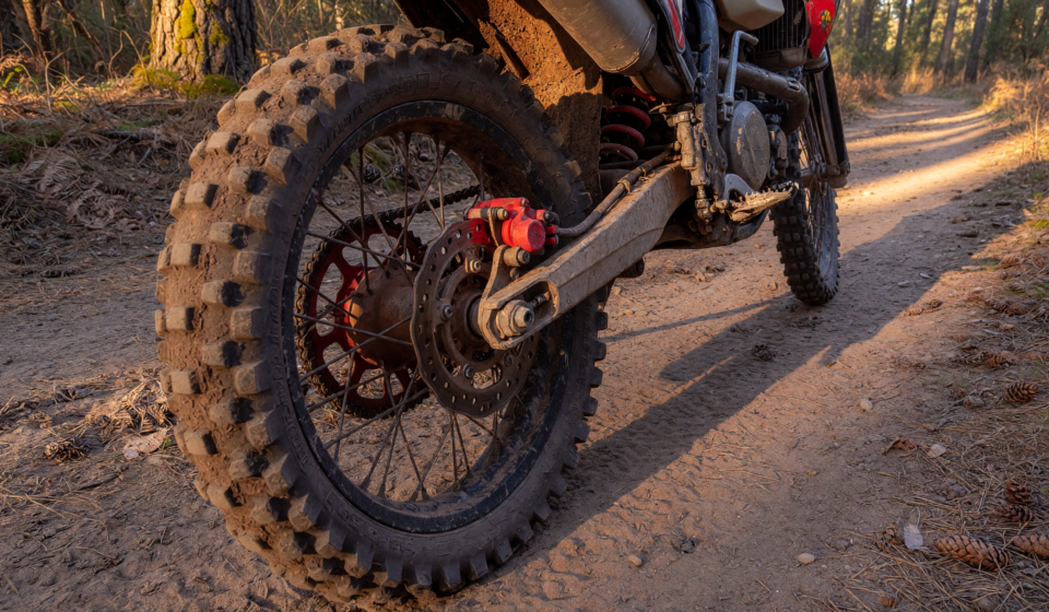 Off-road enduro dirt motorcycle on a trail with the rear brake caliper in focus