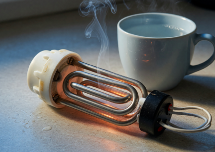 An electric immersion water heater coil on a countertop with a wisp of smoke, illustrating a fire hazard