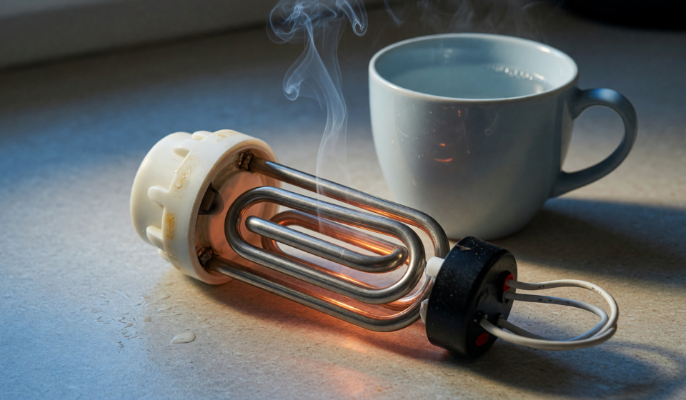 An electric immersion water heater coil on a countertop with a wisp of smoke, illustrating a fire hazard