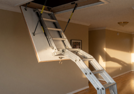 A folding pull-down attic stairway ladder extended from a ceiling hatch in a home hallway