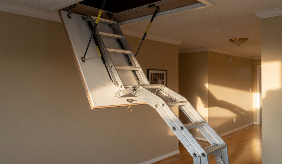 A folding pull-down attic stairway ladder extended from a ceiling hatch in a home hallway