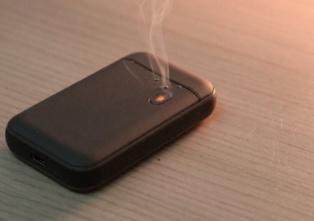 A rechargeable electronic hand warmer on a table with a wisp of smoke, illustrating the OCOOPA fire and burn hazard recall