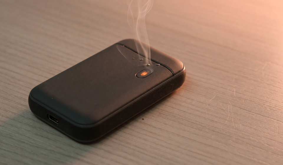 A rechargeable electronic hand warmer on a table with a wisp of smoke, illustrating the OCOOPA fire and burn hazard recall