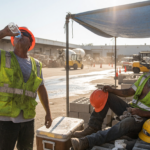 Workers in high-visibility vests and hard hats drinking water and resting under shade on a hot day