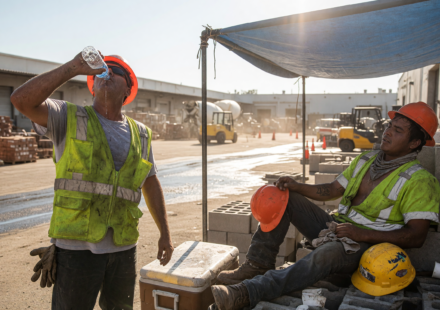Workers in high-visibility vests and hard hats drinking water and resting under shade on a hot day