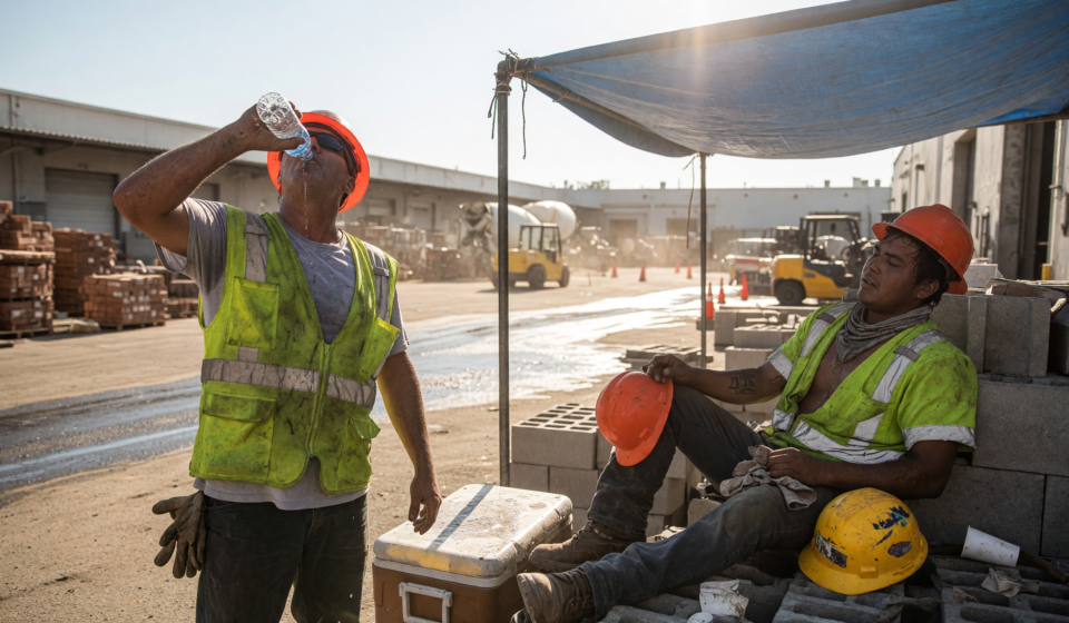 Workers in high-visibility vests and hard hats drinking water and resting under shade on a hot day