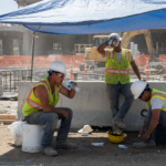 Construction workers in hard hats and hi-vis vests taking a shaded rest break and drinking water in bright summer heat