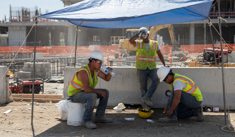 Construction workers in hard hats and hi-vis vests taking a shaded rest break and drinking water in bright summer heat