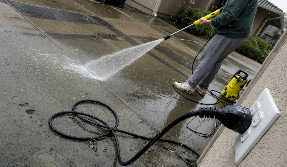 Person using an electric pressure washer on a wet driveway, with the power cord and plug near a wet outdoor outlet