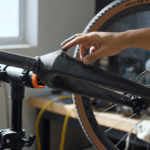 Mechanic inspecting the carbon fiber front fork and crown of a gravel bicycle on a repair stand