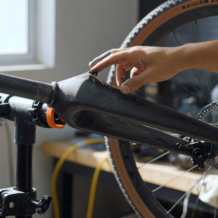 Mechanic inspecting the carbon fiber front fork and crown of a gravel bicycle on a repair stand