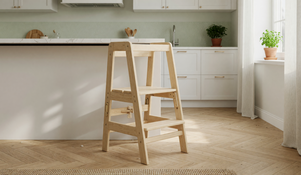 A natural wood foldable toddler tower stool standing empty on a kitchen floor next to a counter