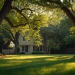 A steel backyard zipline cable and empty trolley strung between two trees on a green lawn