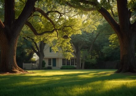 A steel backyard zipline cable and empty trolley strung between two trees on a green lawn