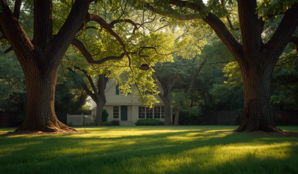 A steel backyard zipline cable and empty trolley strung between two trees on a green lawn