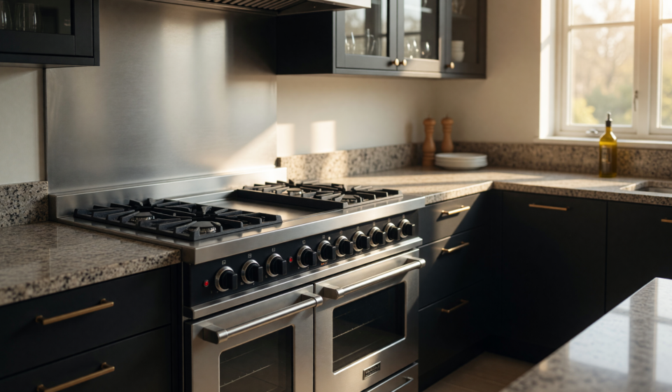 A professional dual fuel kitchen range with cast-iron grates in a modern home kitchen, illustrating the AGA and La Cornue gas leak recall