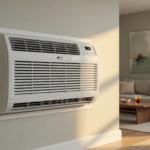 A through-the-wall air conditioning unit mounted in an interior apartment wall