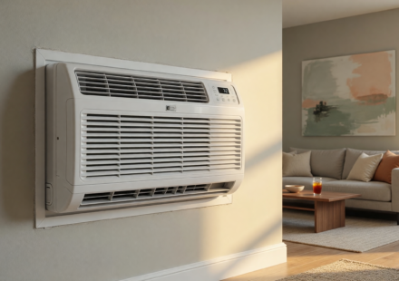 A through-the-wall air conditioning unit mounted in an interior apartment wall