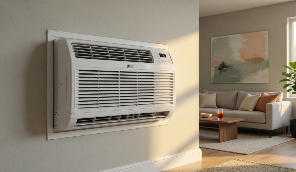 A through-the-wall air conditioning unit mounted in an interior apartment wall