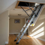 A pull-down attic stairway ladder extended from a ceiling hatch in a home hallway