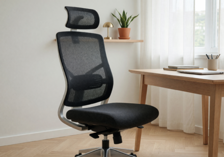 A modern ergonomic mesh office chair in a bright home office, illustrating the Branch chair recall over detaching backrests