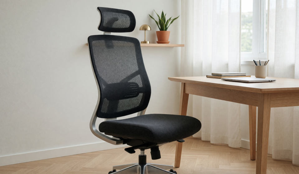 A modern ergonomic mesh office chair in a bright home office, illustrating the Branch chair recall over detaching backrests