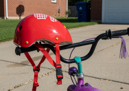A child's red bicycle helmet resting on the handlebars of a kids bike in a driveway