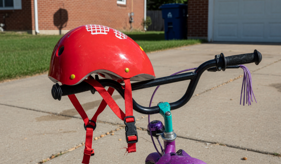 A child's red bicycle helmet resting on the handlebars of a kids bike in a driveway