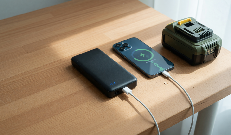 A power bank, smartphone and cordless tool battery charging safely on a hard desk surface