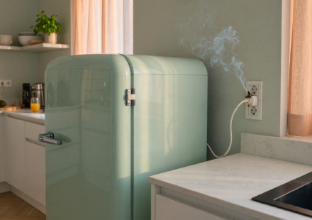 A retro compact refrigerator in a home kitchen with a faint wisp of smoke near the outlet, illustrating the Galanz refrigerator recall fire hazard