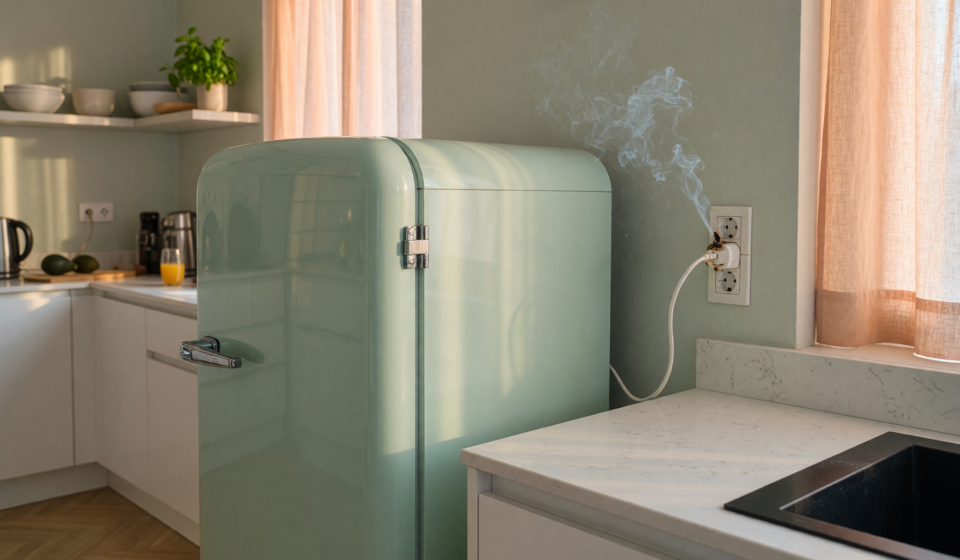 A retro compact refrigerator in a home kitchen with a faint wisp of smoke near the outlet, illustrating the Galanz refrigerator recall fire hazard