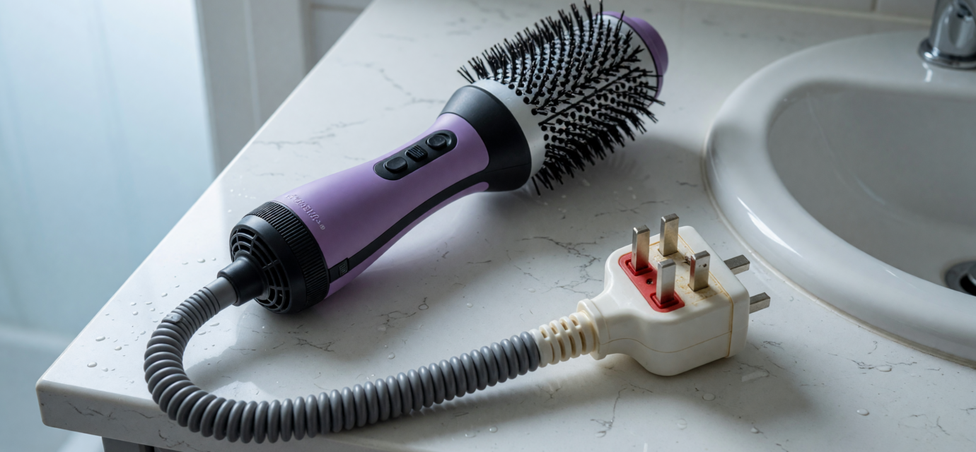 A hair dryer brush on a bathroom vanity beside a sink, showing the block-shaped safety plug that provides immersion protection