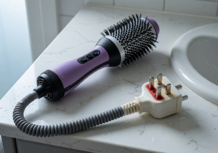 A hair dryer brush on a bathroom vanity beside a sink, showing the block-shaped safety plug that provides immersion protection