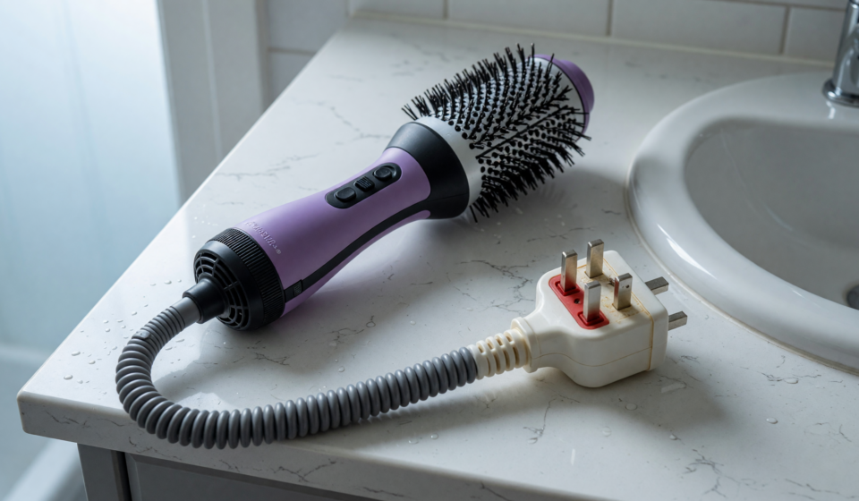 A hair dryer brush on a bathroom vanity beside a sink, showing the block-shaped safety plug that provides immersion protection