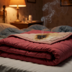 A folded electric heated blanket on a bed with a faint wisp of smoke rising, illustrating the JKMAX heated blanket recall fire hazard