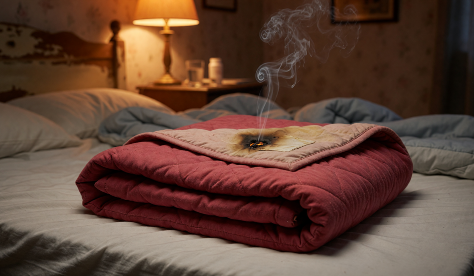 A folded electric heated blanket on a bed with a faint wisp of smoke rising, illustrating the JKMAX heated blanket recall fire hazard