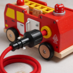 Red toddler fire truck activity board toy with a detachable black plastic hose connector