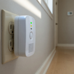 A plug-in carbon monoxide and natural gas detector in a residential wall outlet
