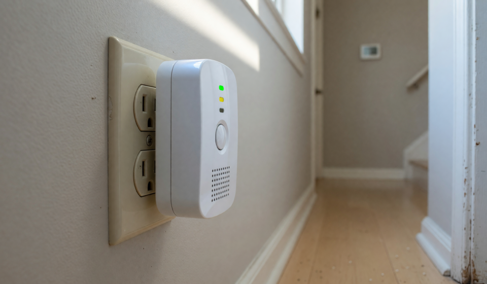 A plug-in carbon monoxide and natural gas detector in a residential wall outlet