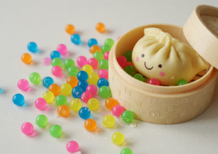 Colorful translucent water beads spilled beside a squishy dumpling-shaped novelty toy in a bamboo-steamer-style container
