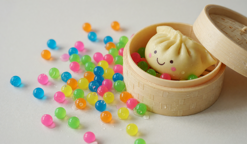 Colorful translucent water beads spilled beside a squishy dumpling-shaped novelty toy in a bamboo-steamer-style container