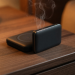 A small magnetic wireless power bank on a nightstand with faint smoke rising, illustrating the lithium-ion fire hazard behind the recall
